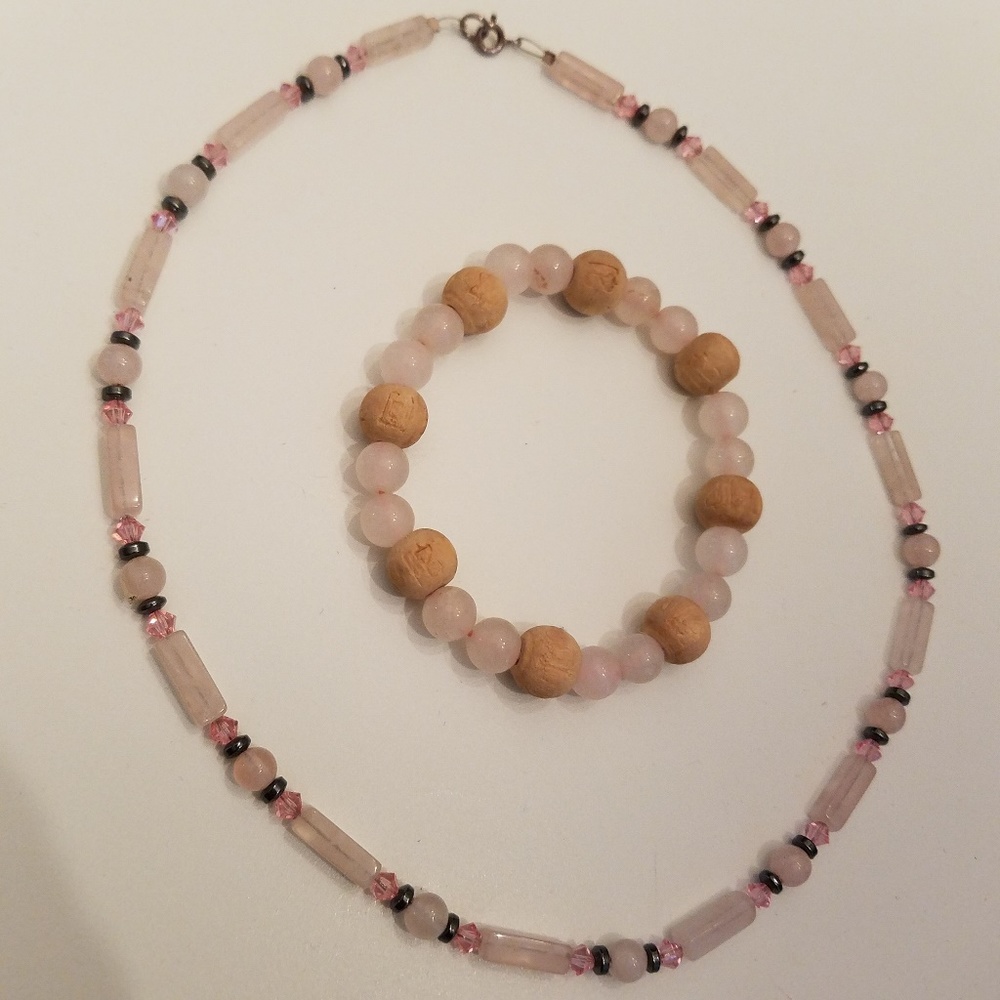 Rose Quartz Necklace & Bracelet Set, EUC